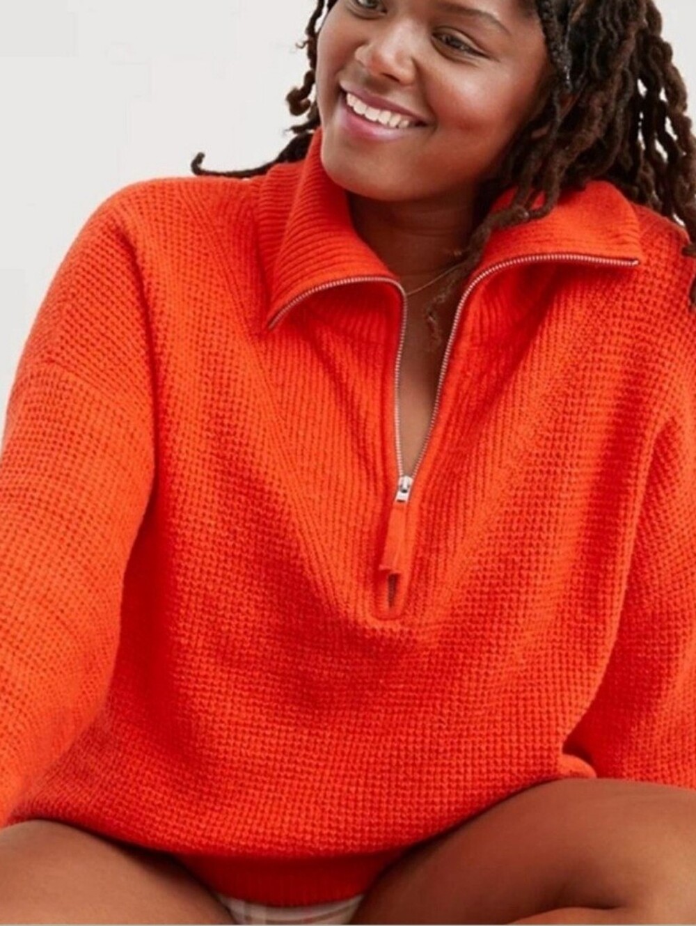 Aerie Cozy Up Waffle Knit Sweater Red Orange XL